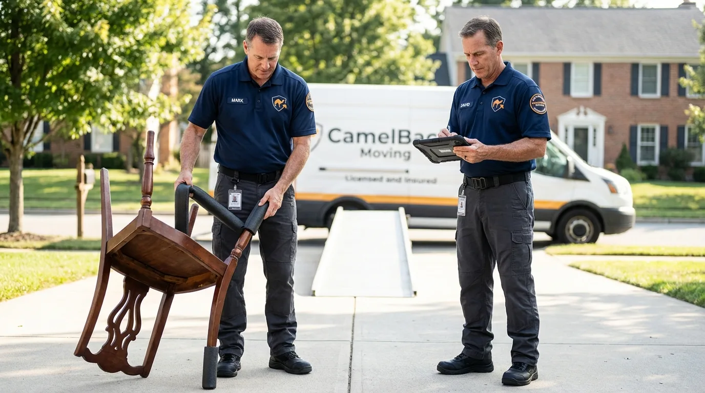 Movers inspecting furniture for damage prevention before loading in Port Orchard, WA