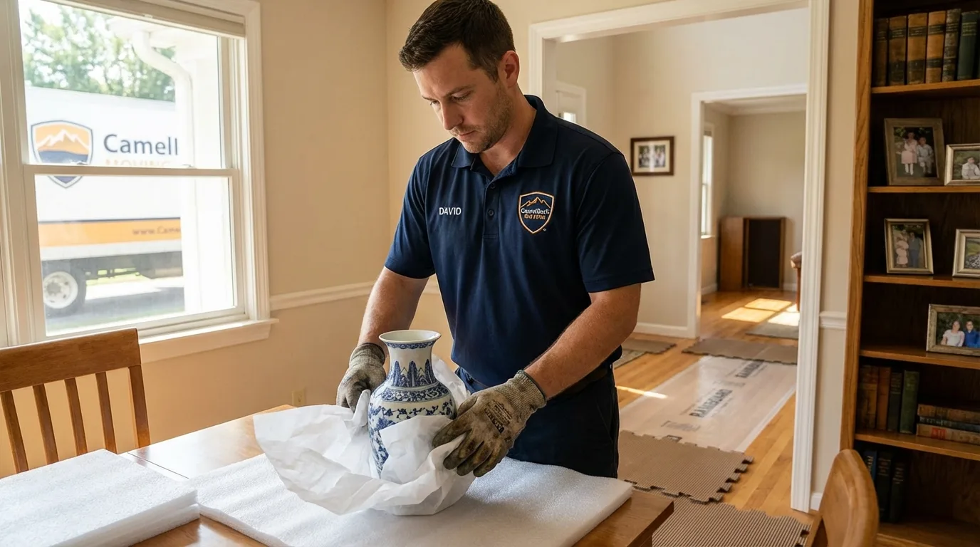 Professional crew carefully wrapping antique vase for senior downsizing move in Port Orchard, WA